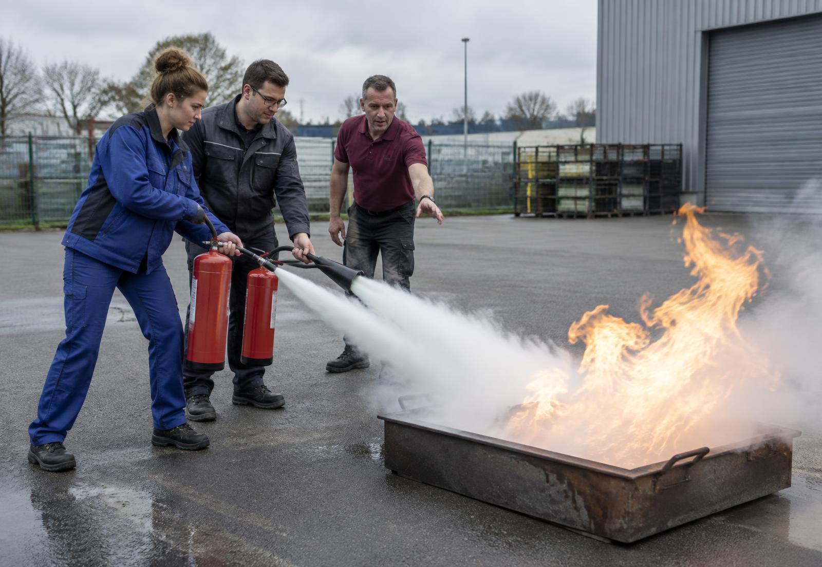 Mitarbeitende üben den Umgang mit einem Feuerlöscher