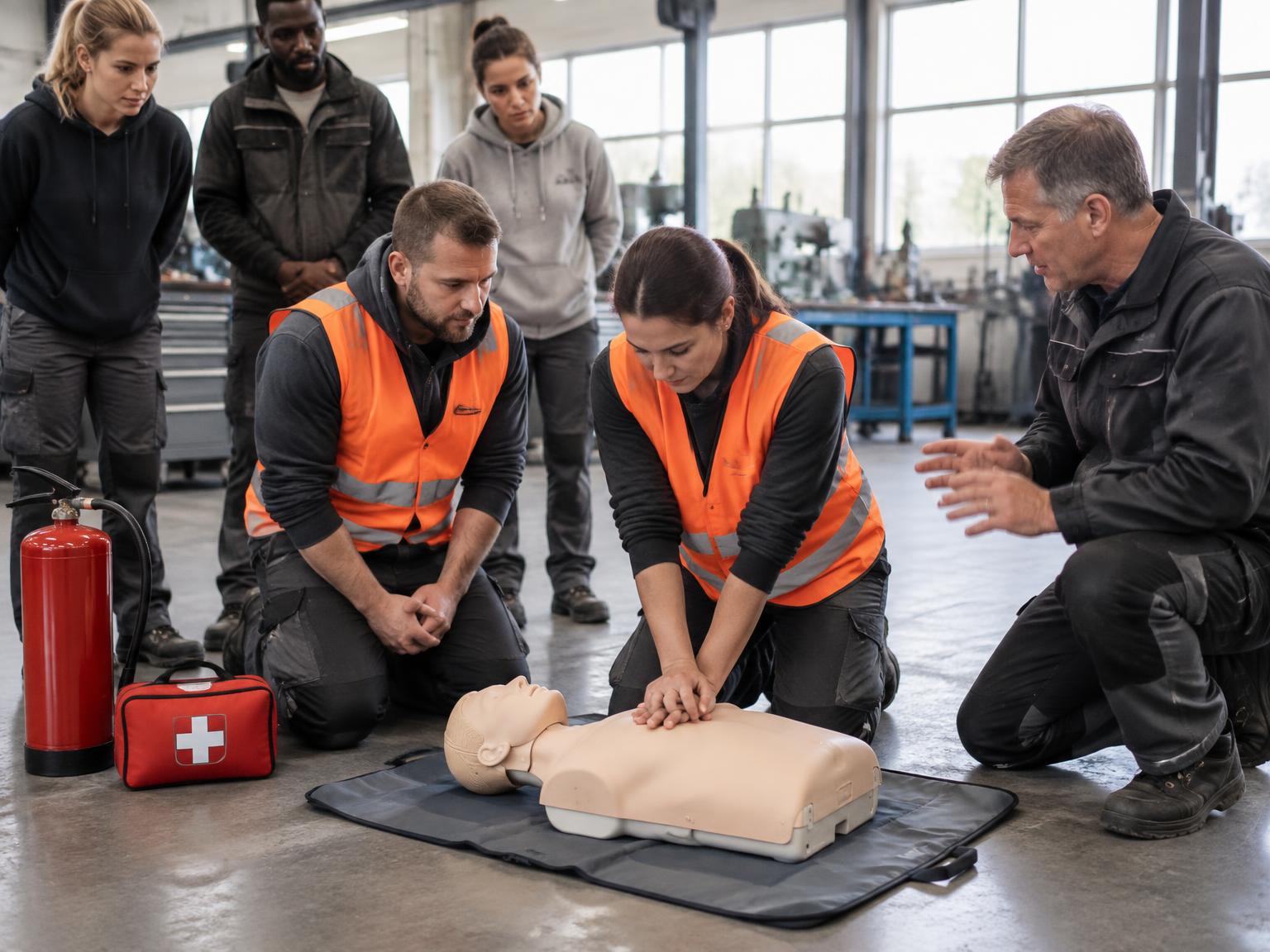 Mitarbeitende üben unter Anleitung die Herzdruckmassage am Arbeitsplatz